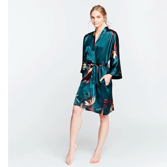 EXQUISITE KIM + ONO HANA SHORT KIMONO TEAL ROBE~NWT - Picture 4 of 4